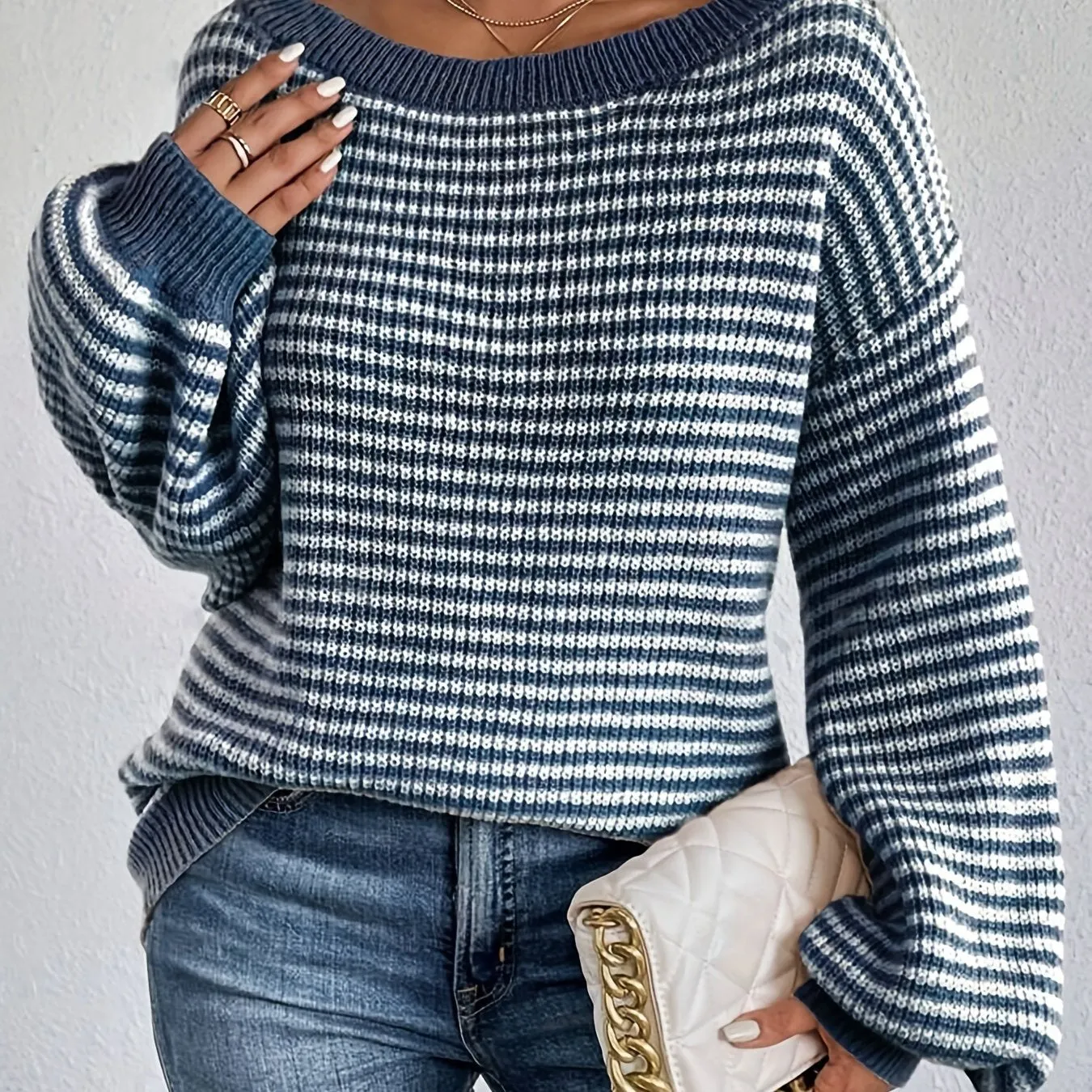Cozy Striped Off-Shoulder Sweater - Soft Polyester Blend, Round Neck, Stretchy Fabric, Long Sleeves, Regular Fit, H-Shape, No Lining, Perfect for All Seasons and Occasions