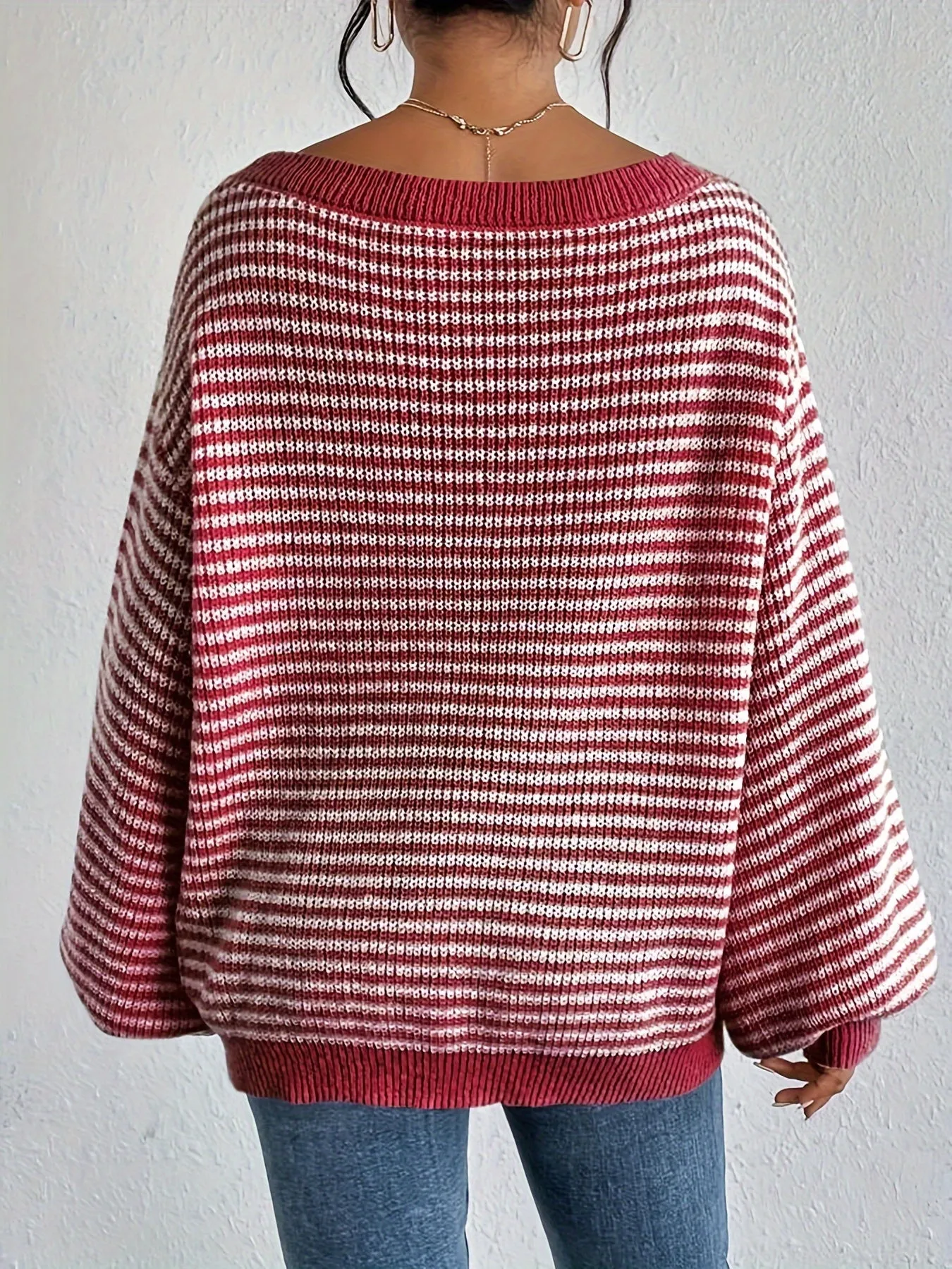 Cozy Striped Off-Shoulder Sweater - Soft Polyester Blend, Round Neck, Stretchy Fabric, Long Sleeves, Regular Fit, H-Shape, No Lining, Perfect for All Seasons and Occasions