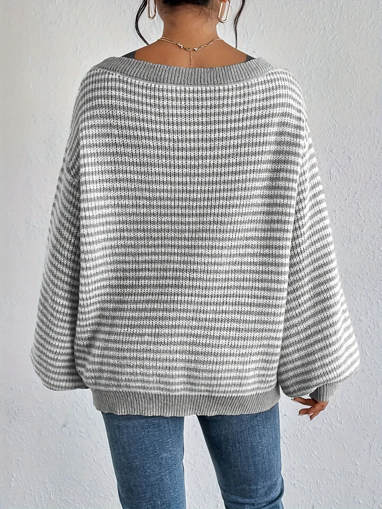 Cozy Striped Off-Shoulder Sweater - Soft Polyester Blend, Round Neck, Stretchy Fabric, Long Sleeves, Regular Fit, H-Shape, No Lining, Perfect for All Seasons and Occasions