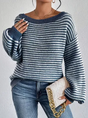 Cozy Striped Off-Shoulder Sweater - Soft Polyester Blend, Round Neck, Stretchy Fabric, Long Sleeves, Regular Fit, H-Shape, No Lining, Perfect for All Seasons and Occasions