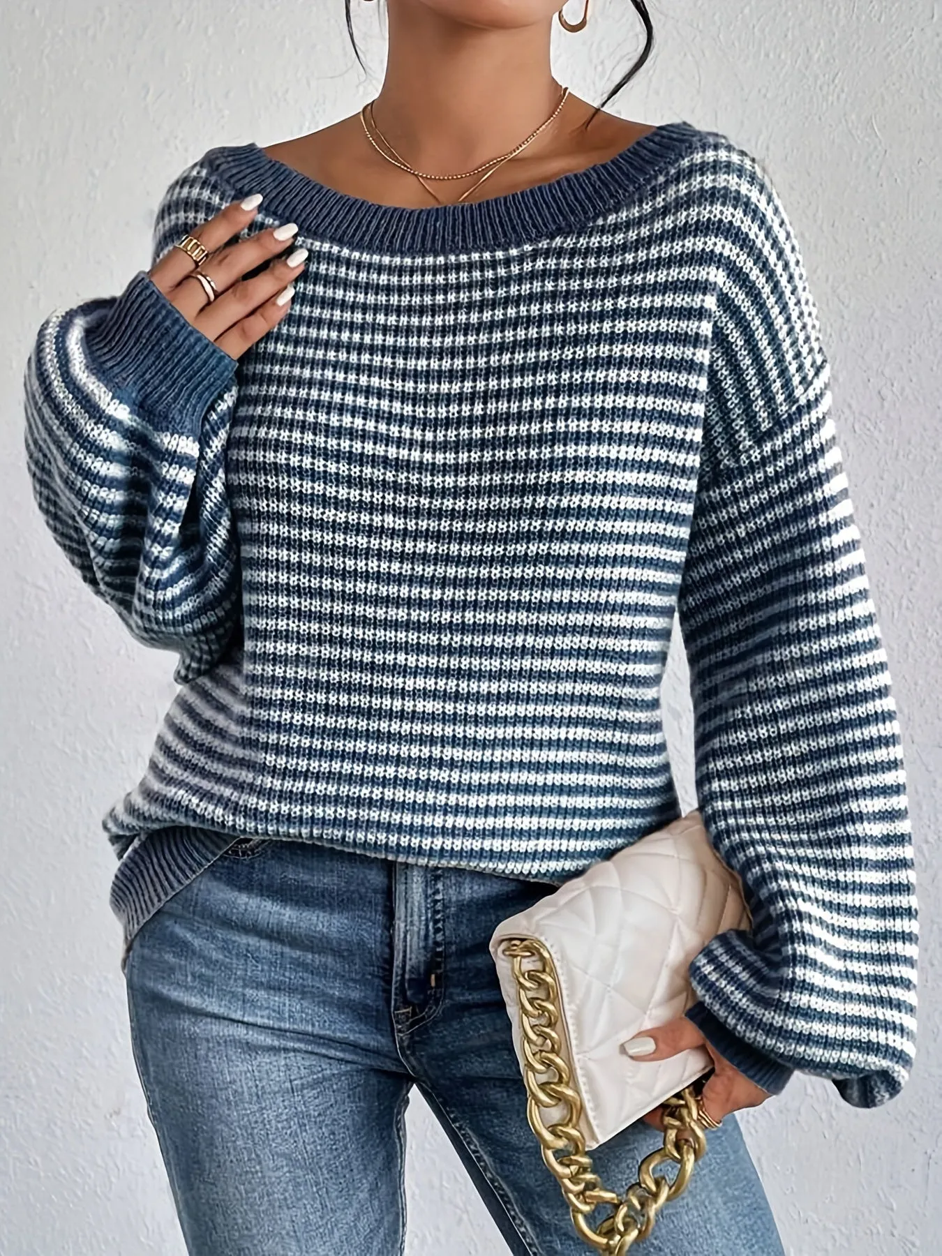 Cozy Striped Off-Shoulder Sweater - Soft Polyester Blend, Round Neck, Stretchy Fabric, Long Sleeves, Regular Fit, H-Shape, No Lining, Perfect for All Seasons and Occasions