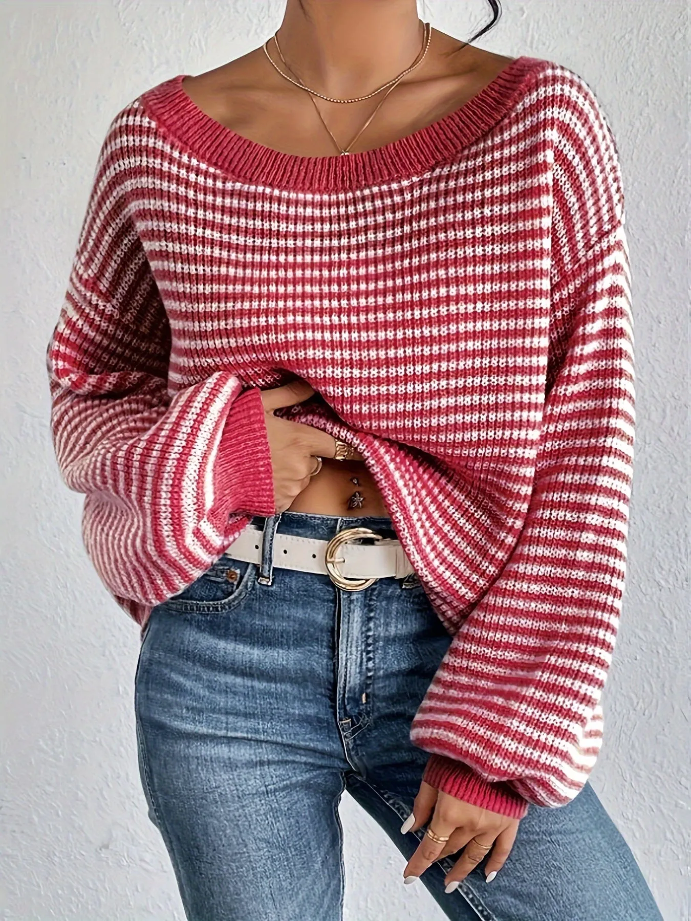 Cozy Striped Off-Shoulder Sweater - Soft Polyester Blend, Round Neck, Stretchy Fabric, Long Sleeves, Regular Fit, H-Shape, No Lining, Perfect for All Seasons and Occasions