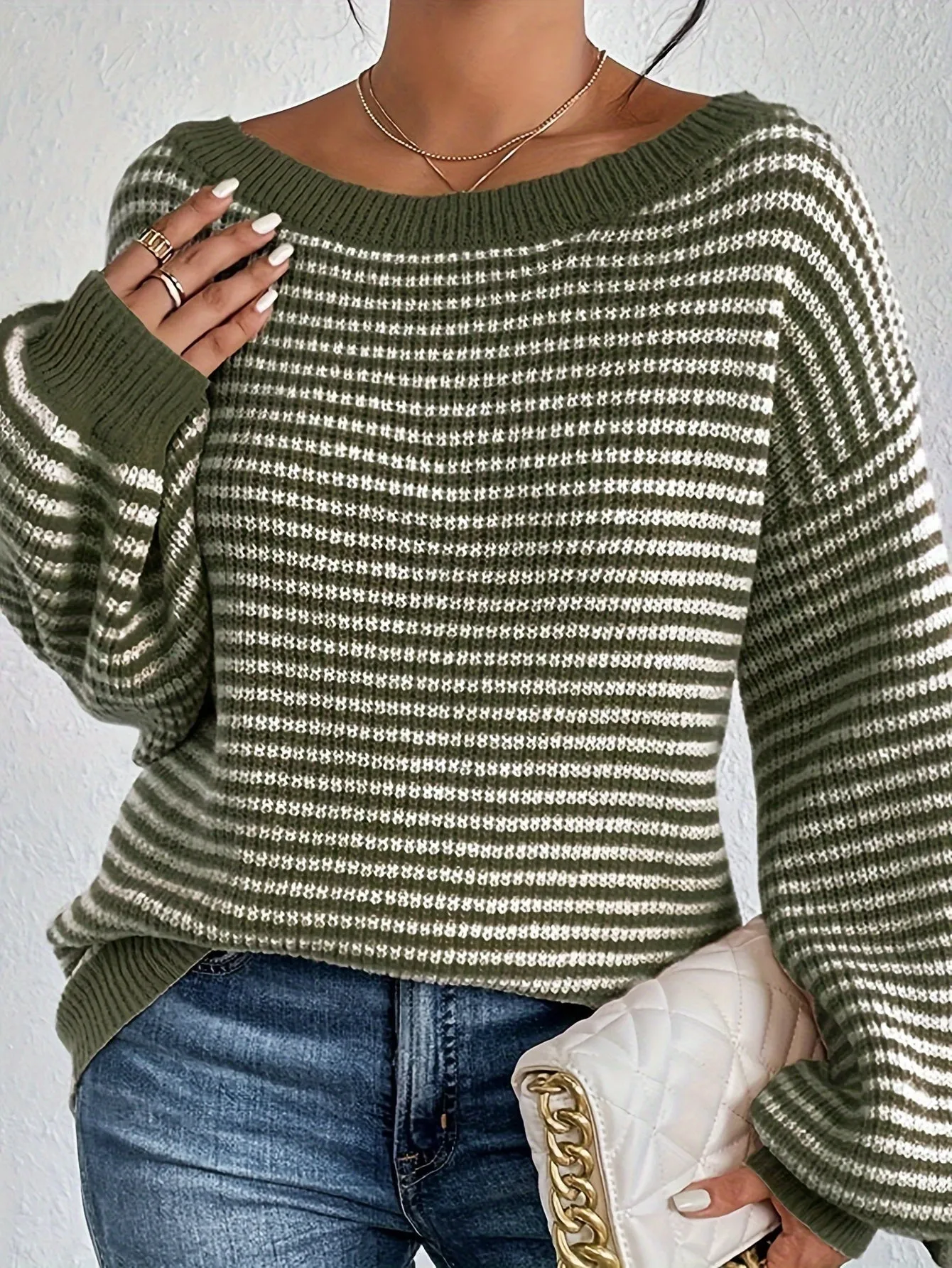 Cozy Striped Off-Shoulder Sweater - Soft Polyester Blend, Round Neck, Stretchy Fabric, Long Sleeves, Regular Fit, H-Shape, No Lining, Perfect for All Seasons and Occasions
