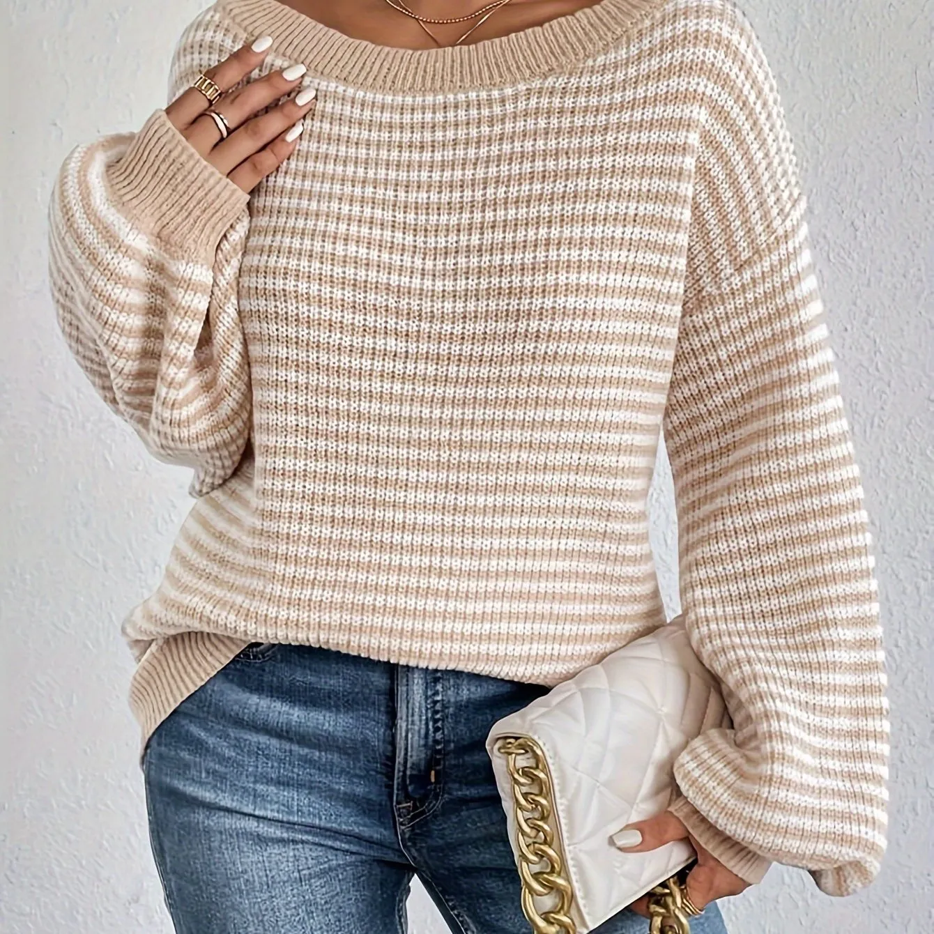 Cozy Striped Off-Shoulder Sweater - Soft Polyester Blend, Round Neck, Stretchy Fabric, Long Sleeves, Regular Fit, H-Shape, No Lining, Perfect for All Seasons and Occasions