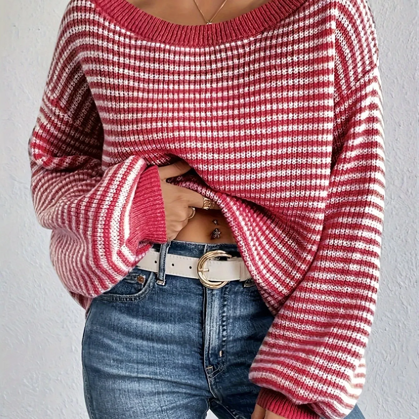 Cozy Striped Off-Shoulder Sweater - Soft Polyester Blend, Round Neck, Stretchy Fabric, Long Sleeves, Regular Fit, H-Shape, No Lining, Perfect for All Seasons and Occasions