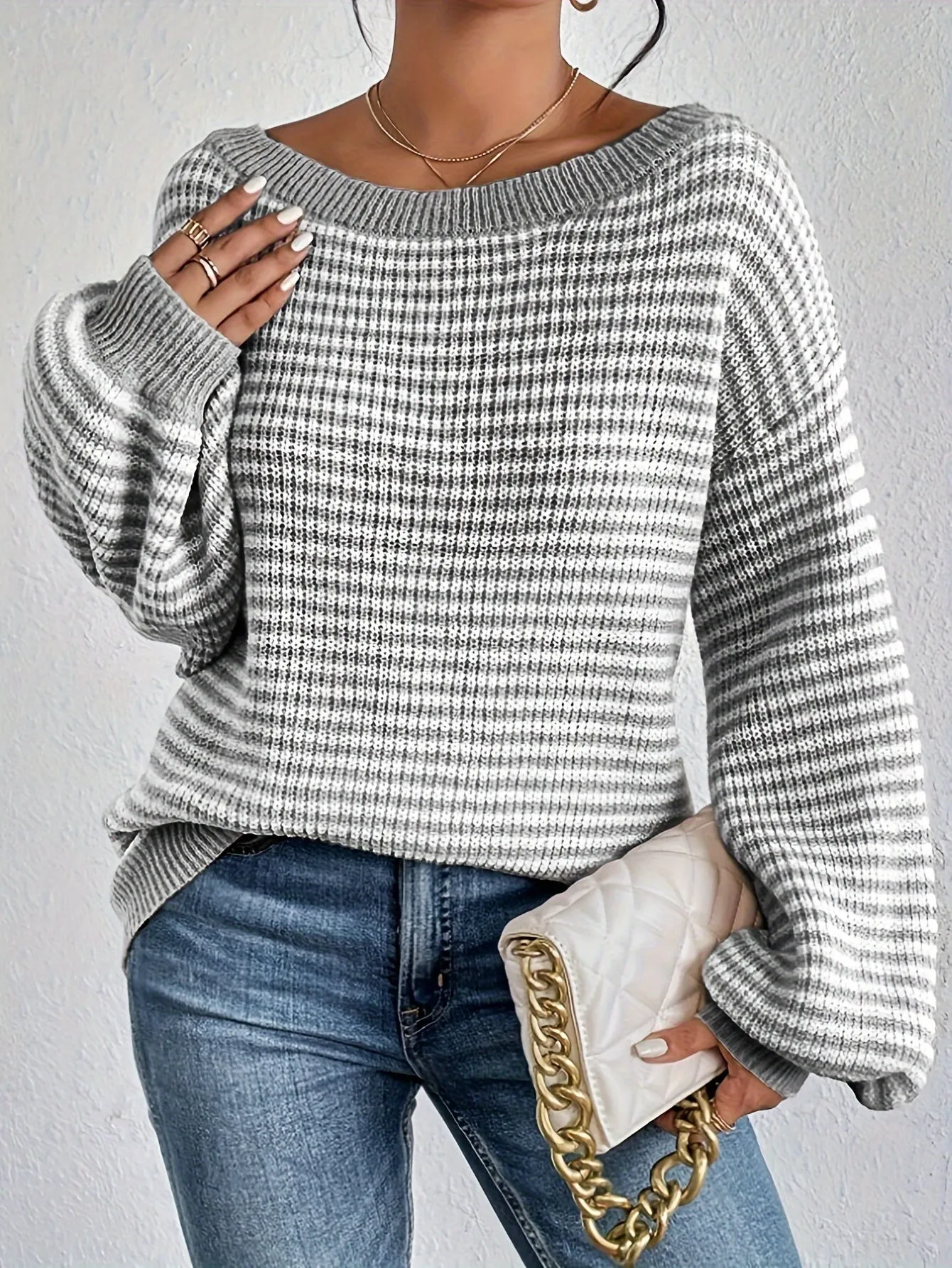 Cozy Striped Off-Shoulder Sweater - Soft Polyester Blend, Round Neck, Stretchy Fabric, Long Sleeves, Regular Fit, H-Shape, No Lining, Perfect for All Seasons and Occasions