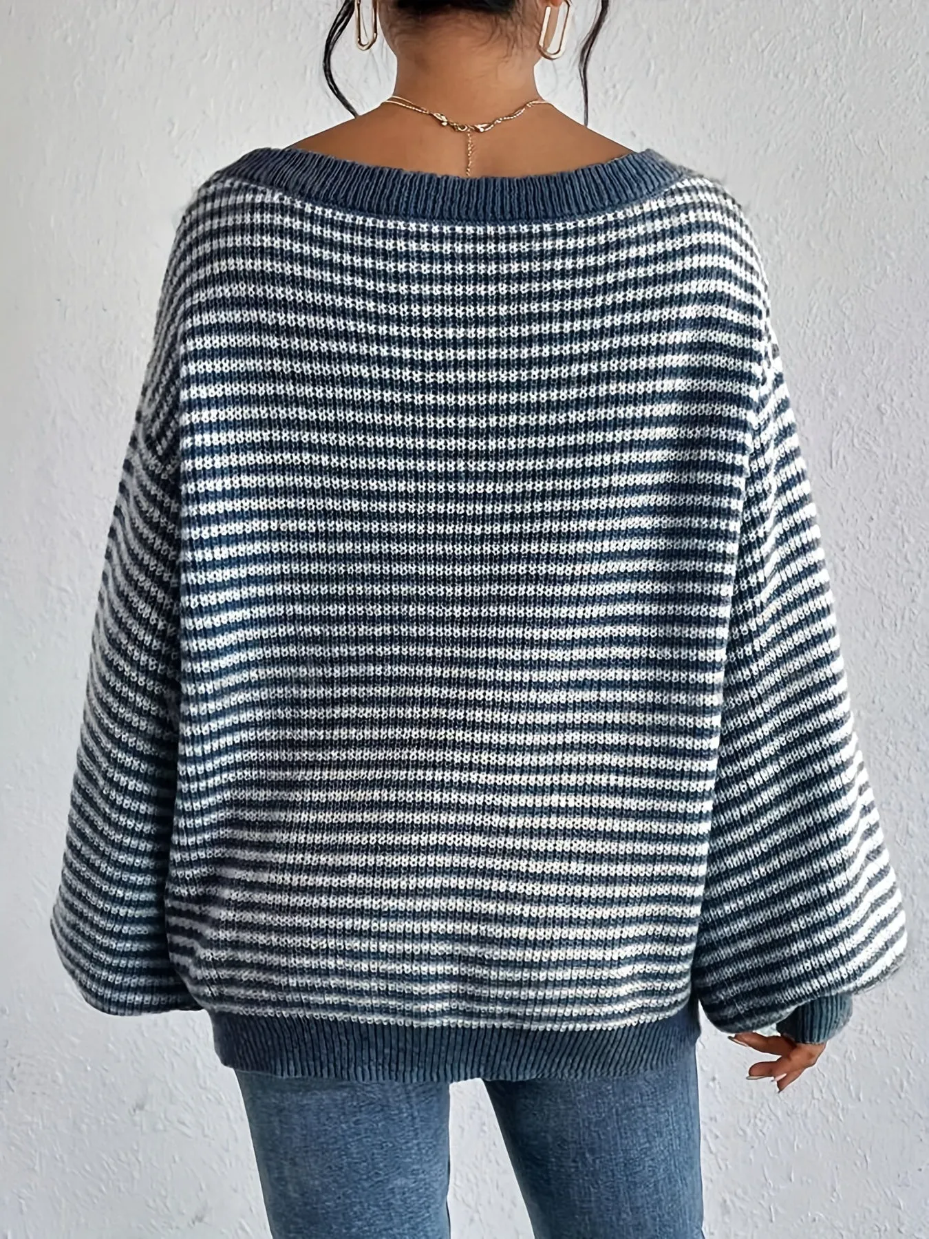 Cozy Striped Off-Shoulder Sweater - Soft Polyester Blend, Round Neck, Stretchy Fabric, Long Sleeves, Regular Fit, H-Shape, No Lining, Perfect for All Seasons and Occasions