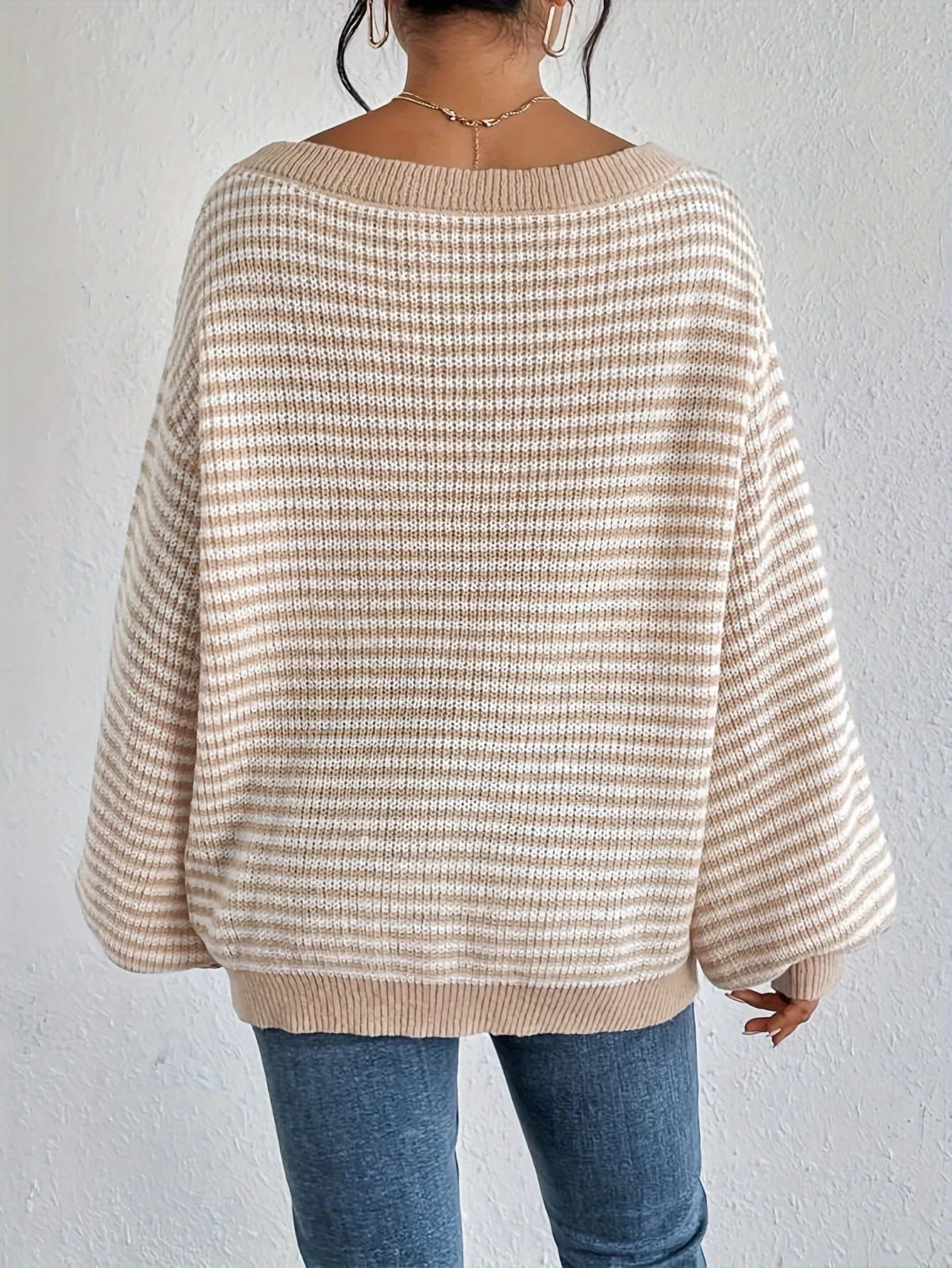 Cozy Striped Off-Shoulder Sweater - Soft Polyester Blend, Round Neck, Stretchy Fabric, Long Sleeves, Regular Fit, H-Shape, No Lining, Perfect for All Seasons and Occasions