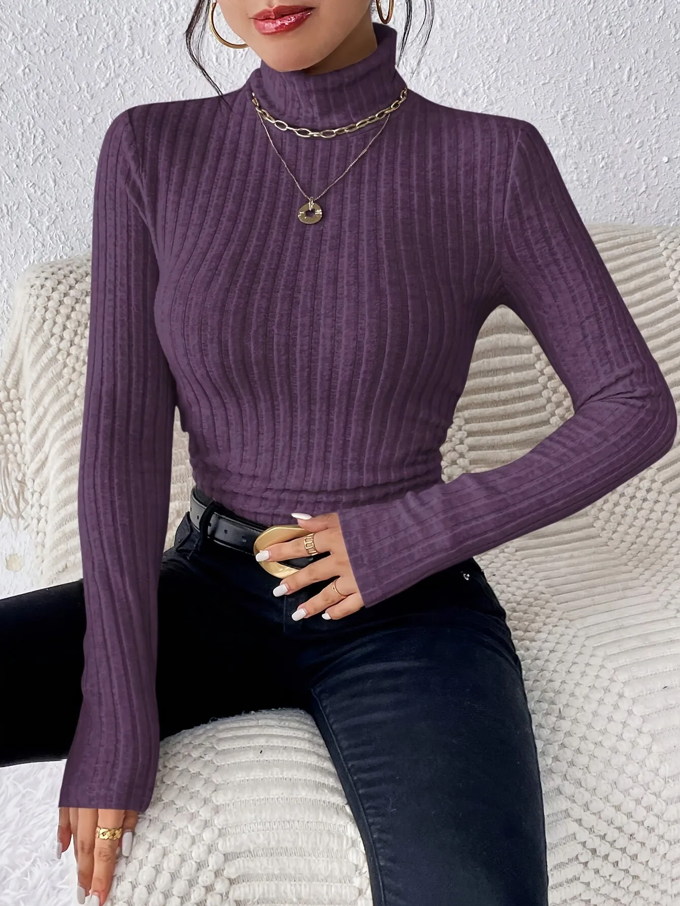Cozy Turtle Neck Slim Fit Sweater - Pullovers for Women - Soft, Elegant Solid Color Long Sleeve Sweater for Fall & Winter, Comfortable Everyday Wear with Classic Style
