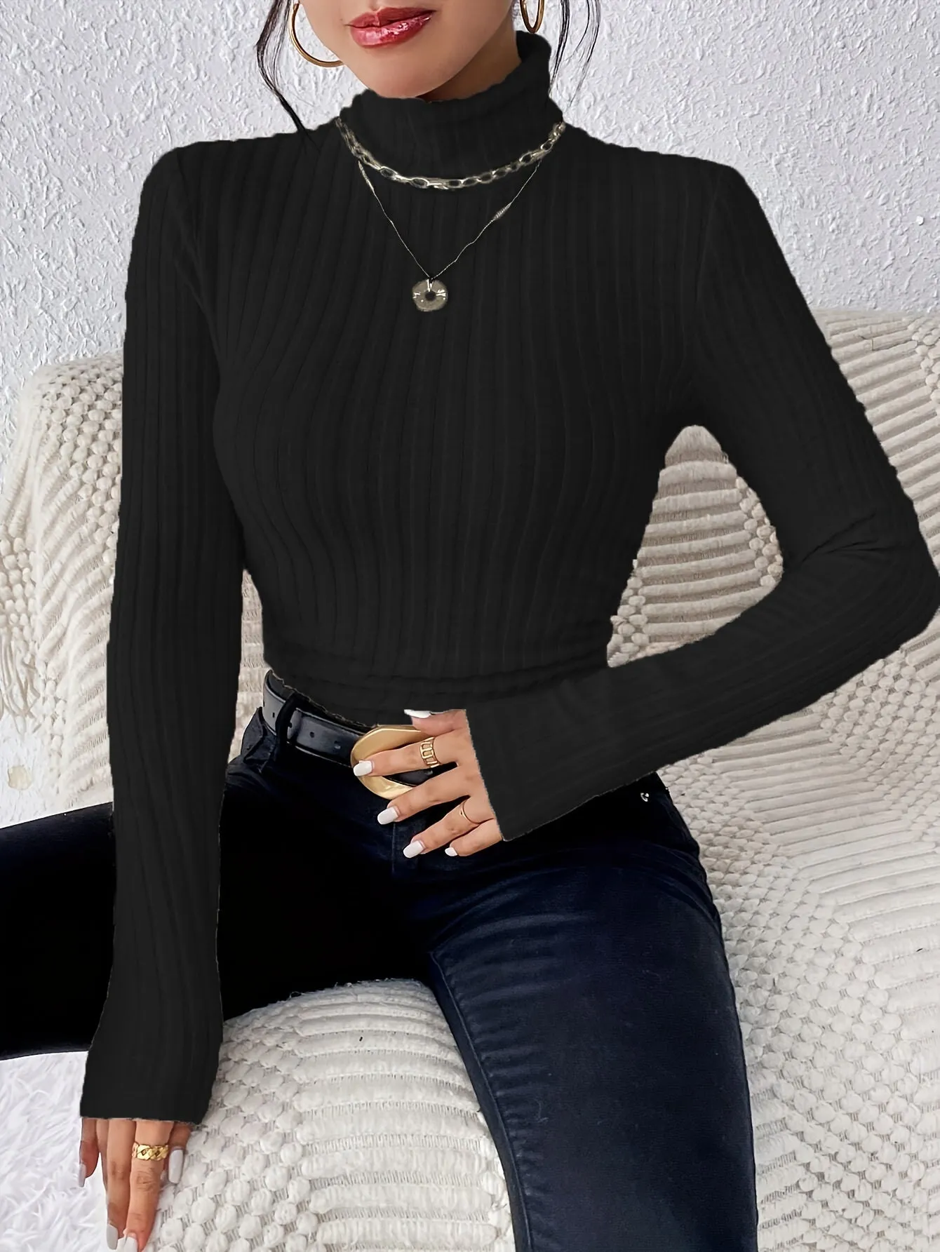 Cozy Turtle Neck Slim Fit Sweater - Pullovers for Women - Soft, Elegant Solid Color Long Sleeve Sweater for Fall & Winter, Comfortable Everyday Wear with Classic Style