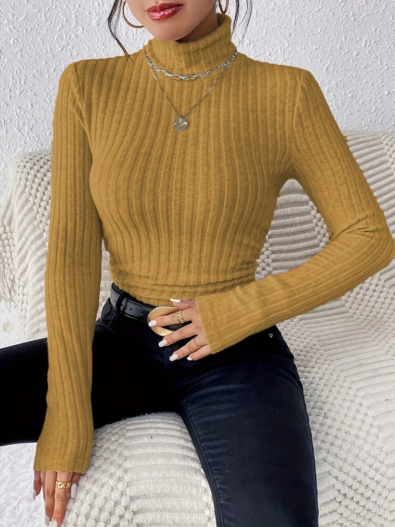 Cozy Turtle Neck Slim Fit Sweater - Pullovers for Women - Soft, Elegant Solid Color Long Sleeve Sweater for Fall & Winter, Comfortable Everyday Wear with Classic Style
