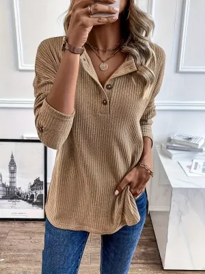 Cozy Women's Long Sleeve Henley Sweater - Soft Polyester Knit Pullover with Button Detail, Solid Color, Regular Fit, All-Season Comfort