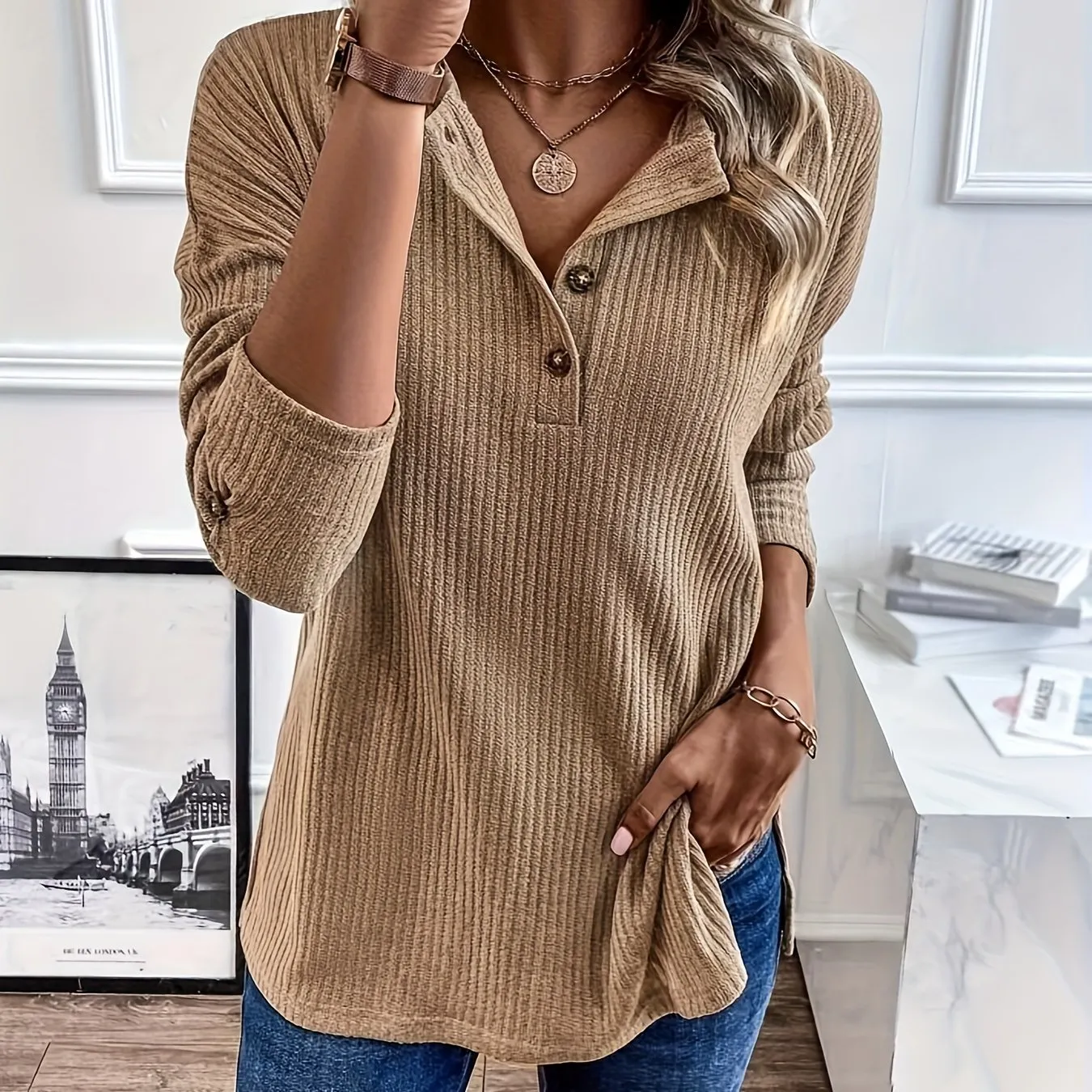Cozy Women's Long Sleeve Henley Sweater - Soft Polyester Knit Pullover with Button Detail, Solid Color, Regular Fit, All-Season Comfort