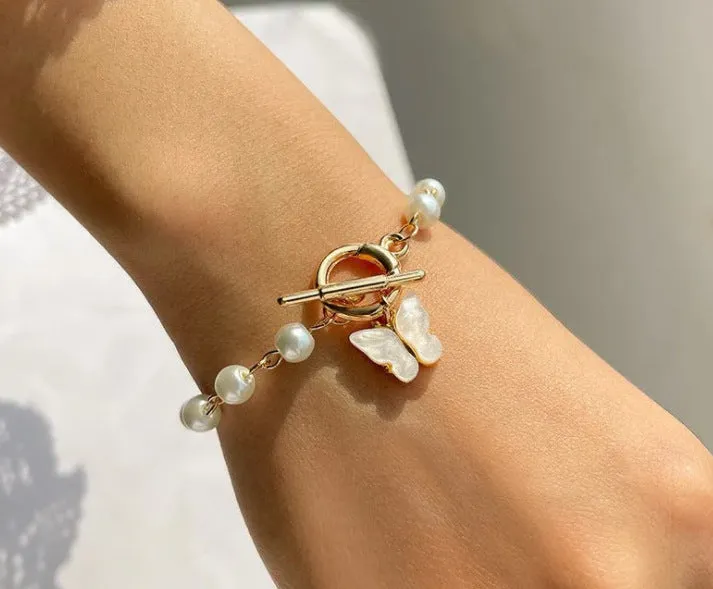 Feminine Pearl Charm Bracelet with Super Fairy Butterfly Pendant