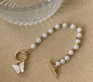 Feminine Pearl Charm Bracelet with Super Fairy Butterfly Pendant