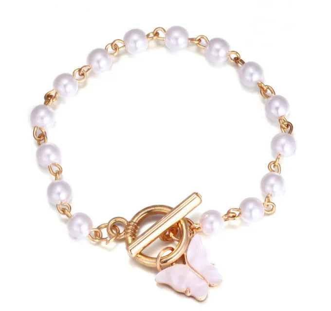 Feminine Pearl Charm Bracelet with Super Fairy Butterfly Pendant