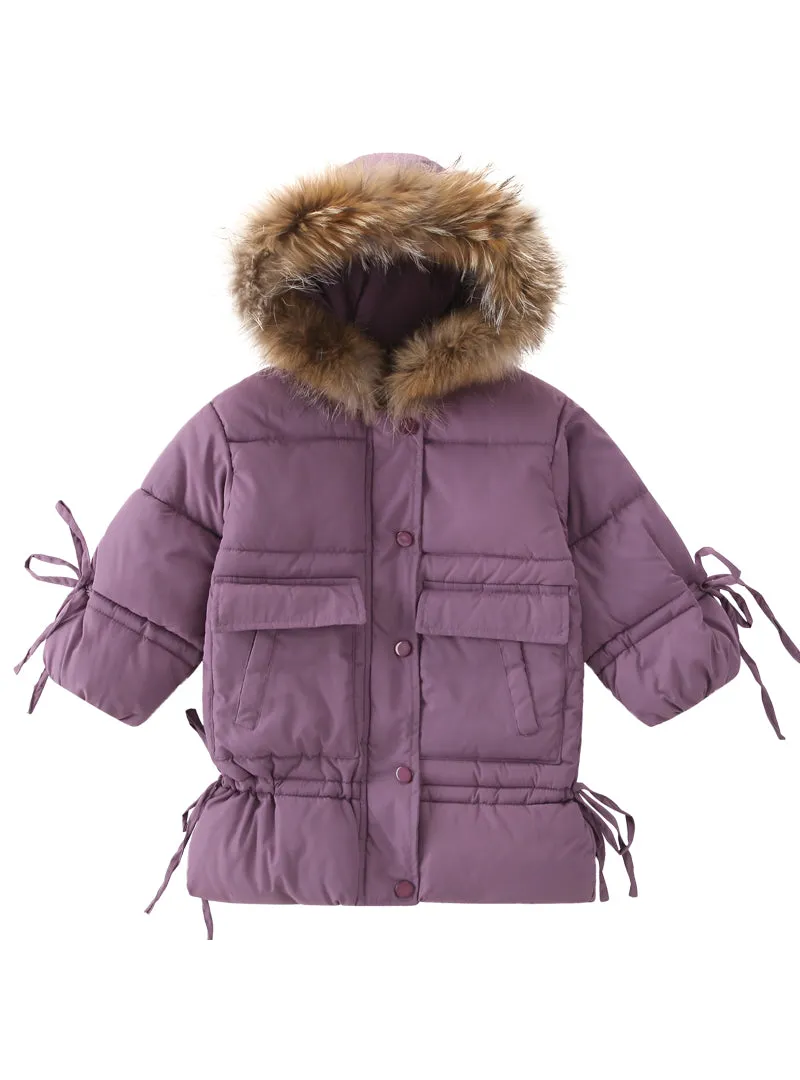 Girls Long Cotton-Padded Jacket With Bow