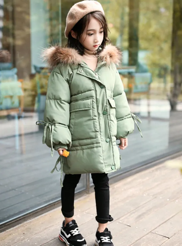 Girls Long Cotton-Padded Jacket With Bow