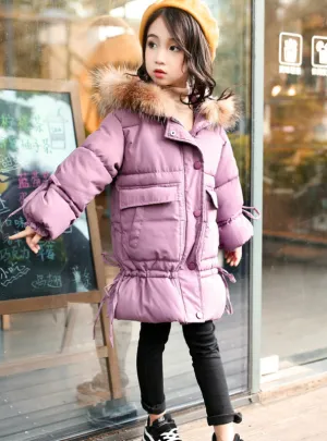 Girls Long Cotton-Padded Jacket With Bow