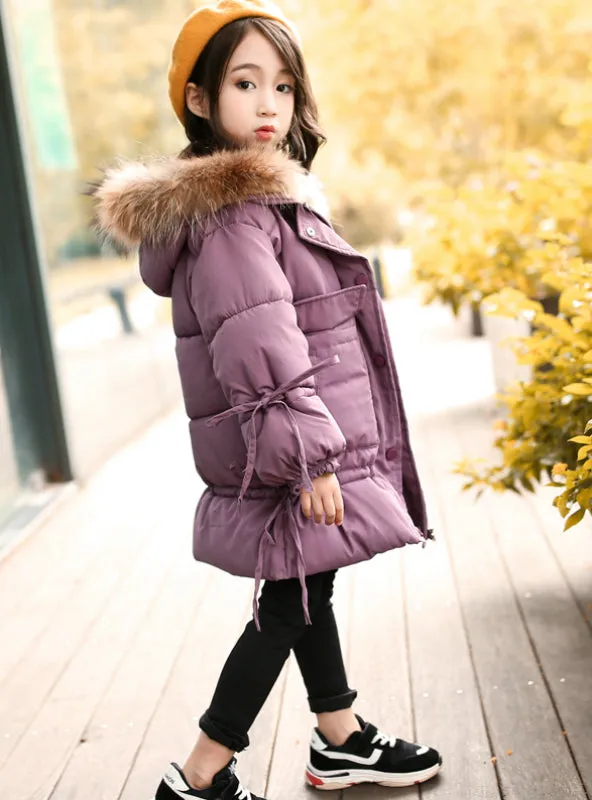 Girls Long Cotton-Padded Jacket With Bow