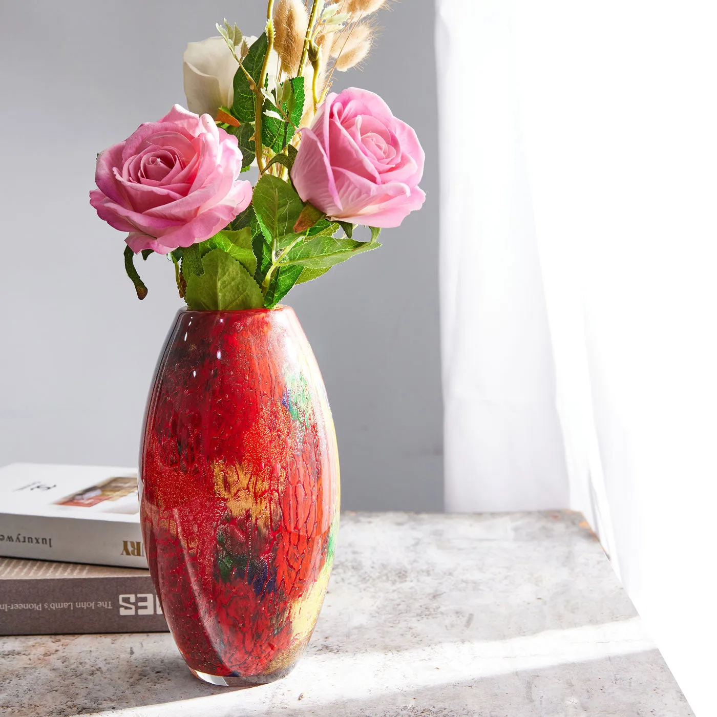 Hand Blown Multicolor Abstract Art Glass Vase 9.5 inch tall