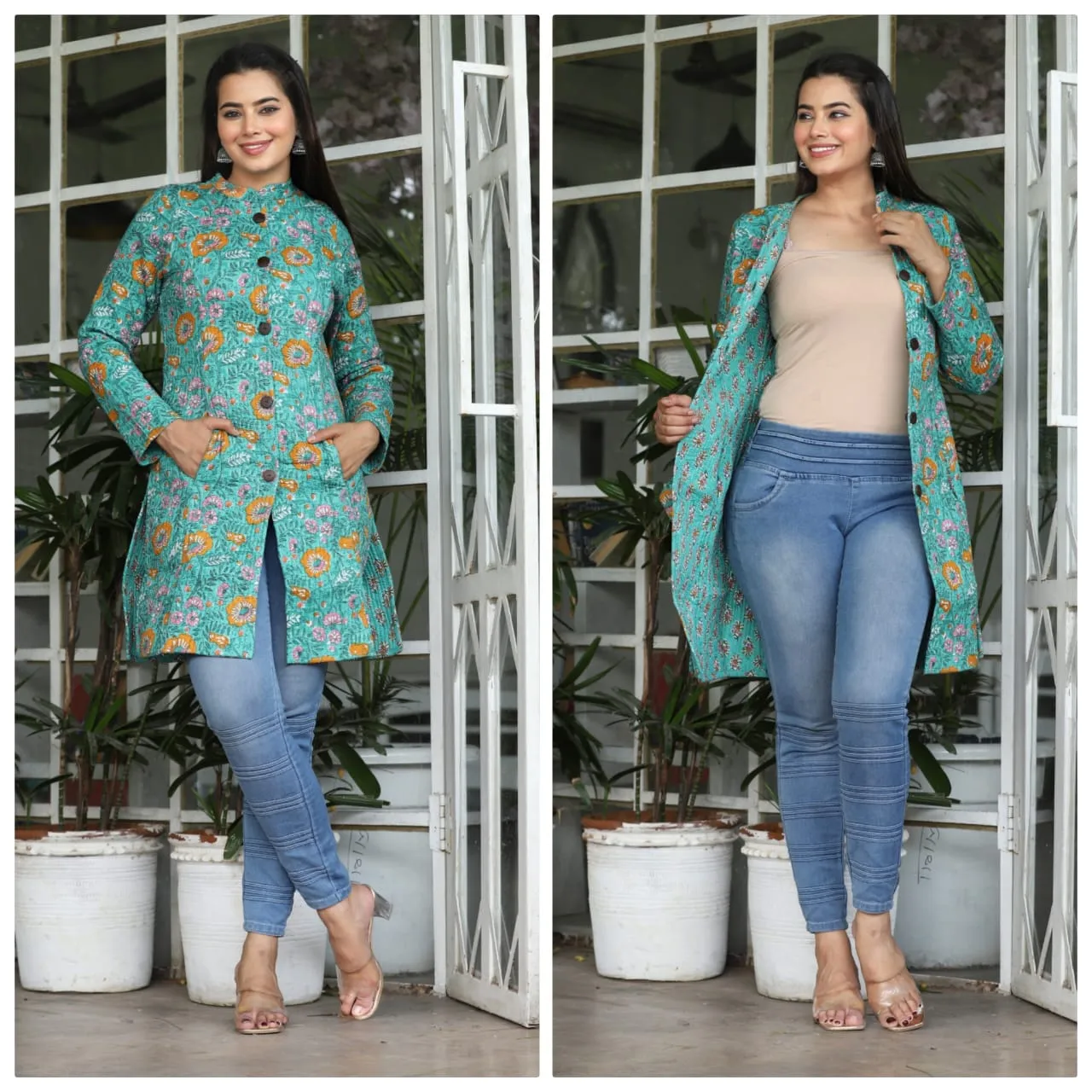Handmade Women's Quilted Cotton Jacket Green Flower Print - Long Sleeve Bohemian Winter Wear Floral Reversible Coat