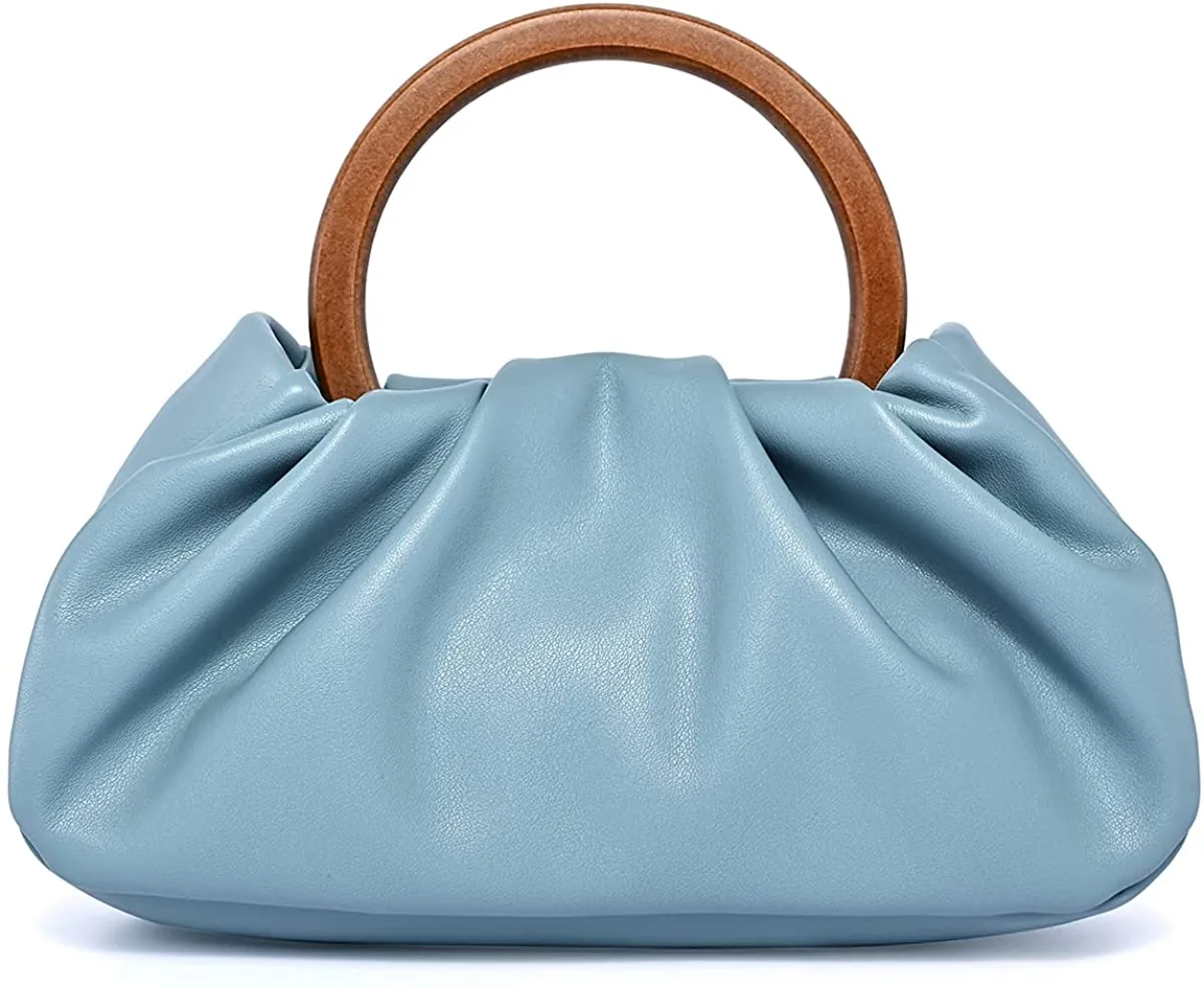 Khaki Trendy Ruched Wooden Handle Handbag