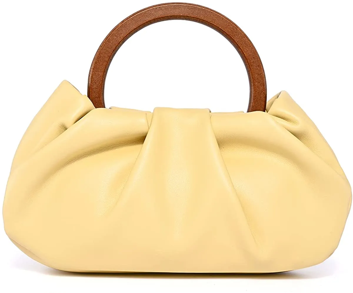 Khaki Trendy Ruched Wooden Handle Handbag