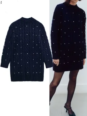Knitted Long Sweater Women Navy Warm Woman Winter Sweater Rhinestone