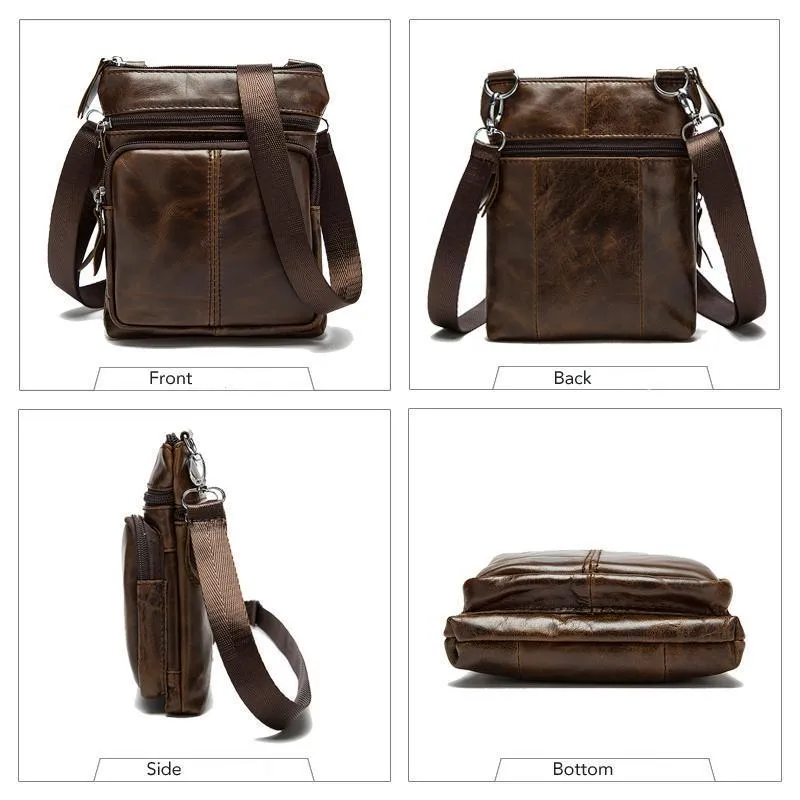 Men Crossbody Messenger Cow Leather Bag with Zipper Pockets
