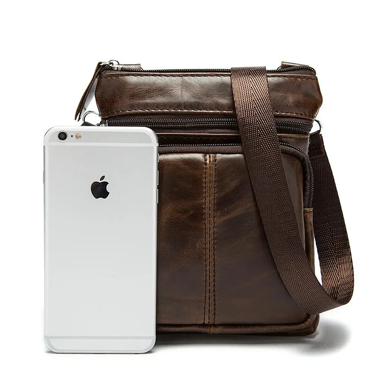 Men Crossbody Messenger Cow Leather Bag with Zipper Pockets