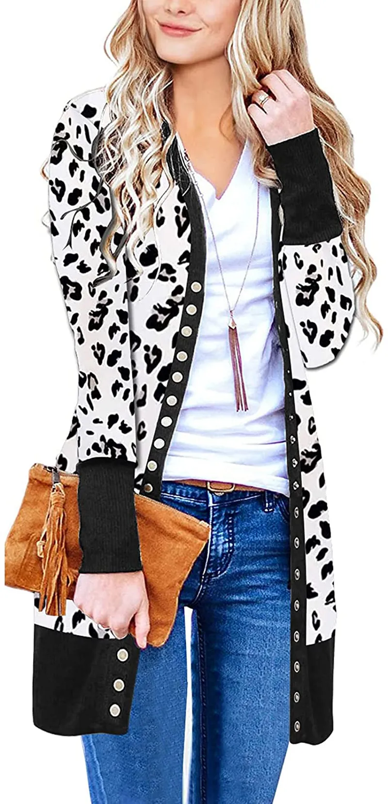 MEROKEETY Women's Long Sleeve Snap Button Down Solid Color Knit Ribbed Neckline Cardigans