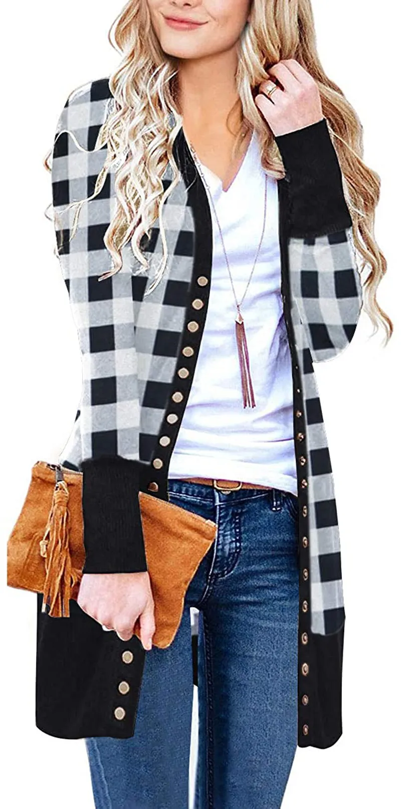 MEROKEETY Women's Long Sleeve Snap Button Down Solid Color Knit Ribbed Neckline Cardigans