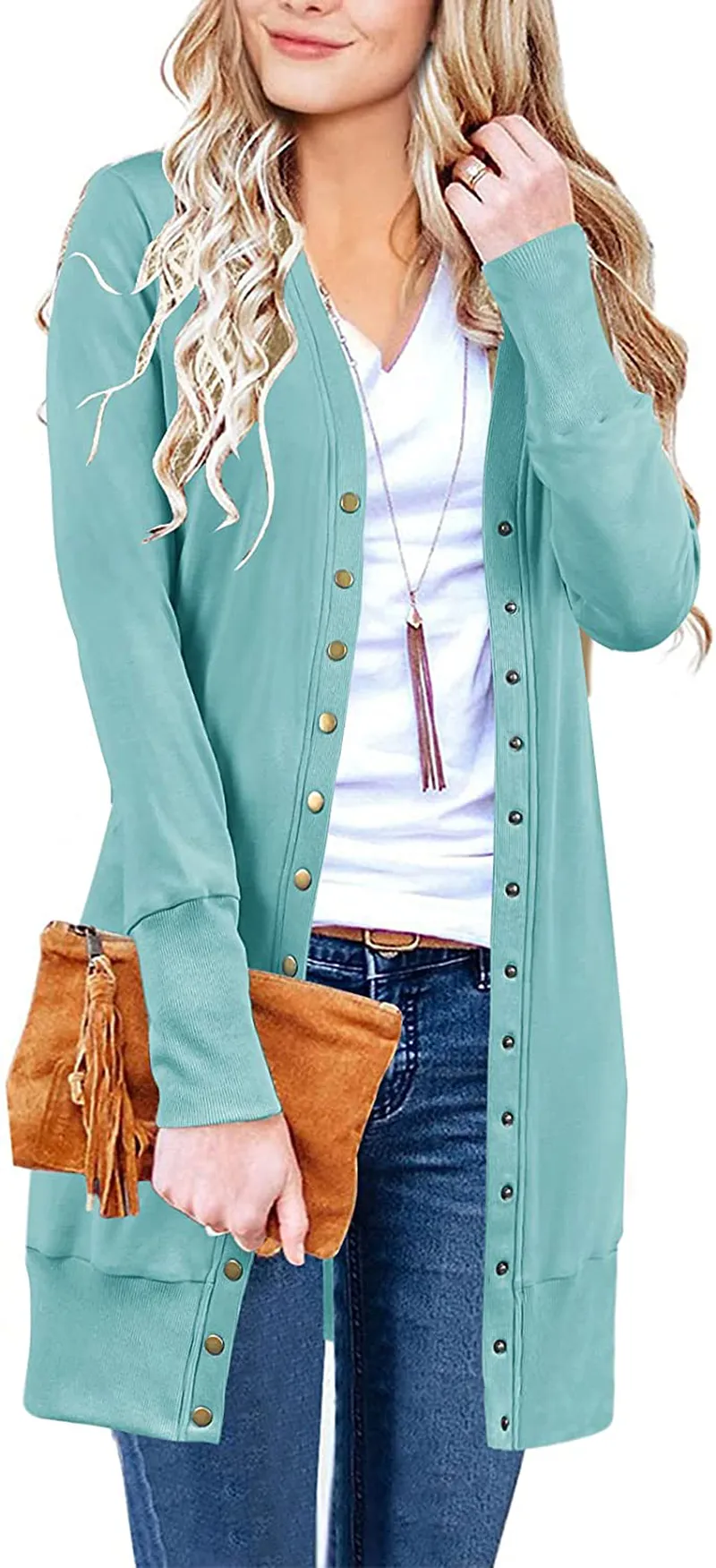 MEROKEETY Women's Long Sleeve Snap Button Down Solid Color Knit Ribbed Neckline Cardigans