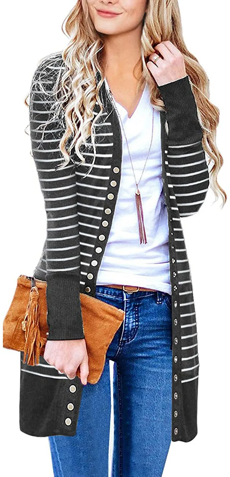 MEROKEETY Women's Long Sleeve Snap Button Down Solid Color Knit Ribbed Neckline Cardigans