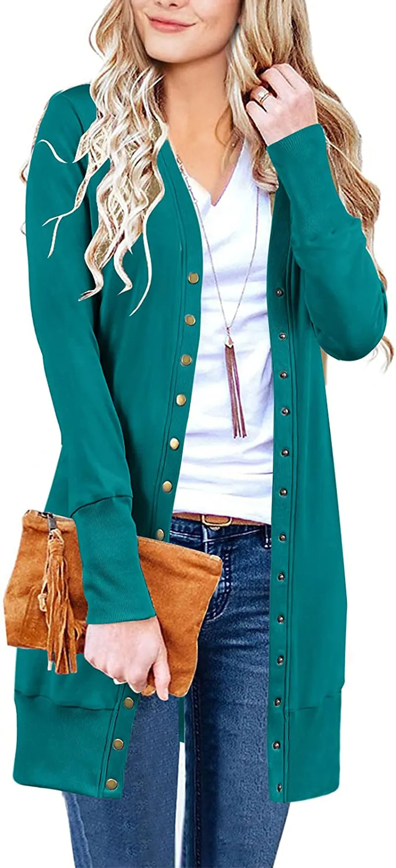 MEROKEETY Women's Long Sleeve Snap Button Down Solid Color Knit Ribbed Neckline Cardigans
