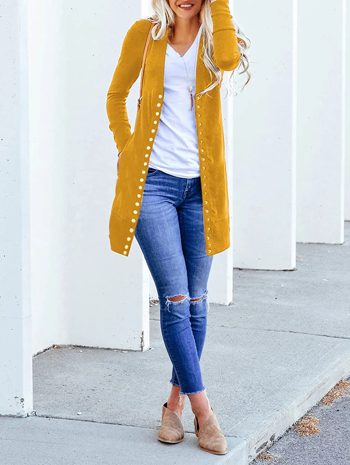 MEROKEETY Women's Long Sleeve Snap Button Down Solid Color Knit Ribbed Neckline Cardigans