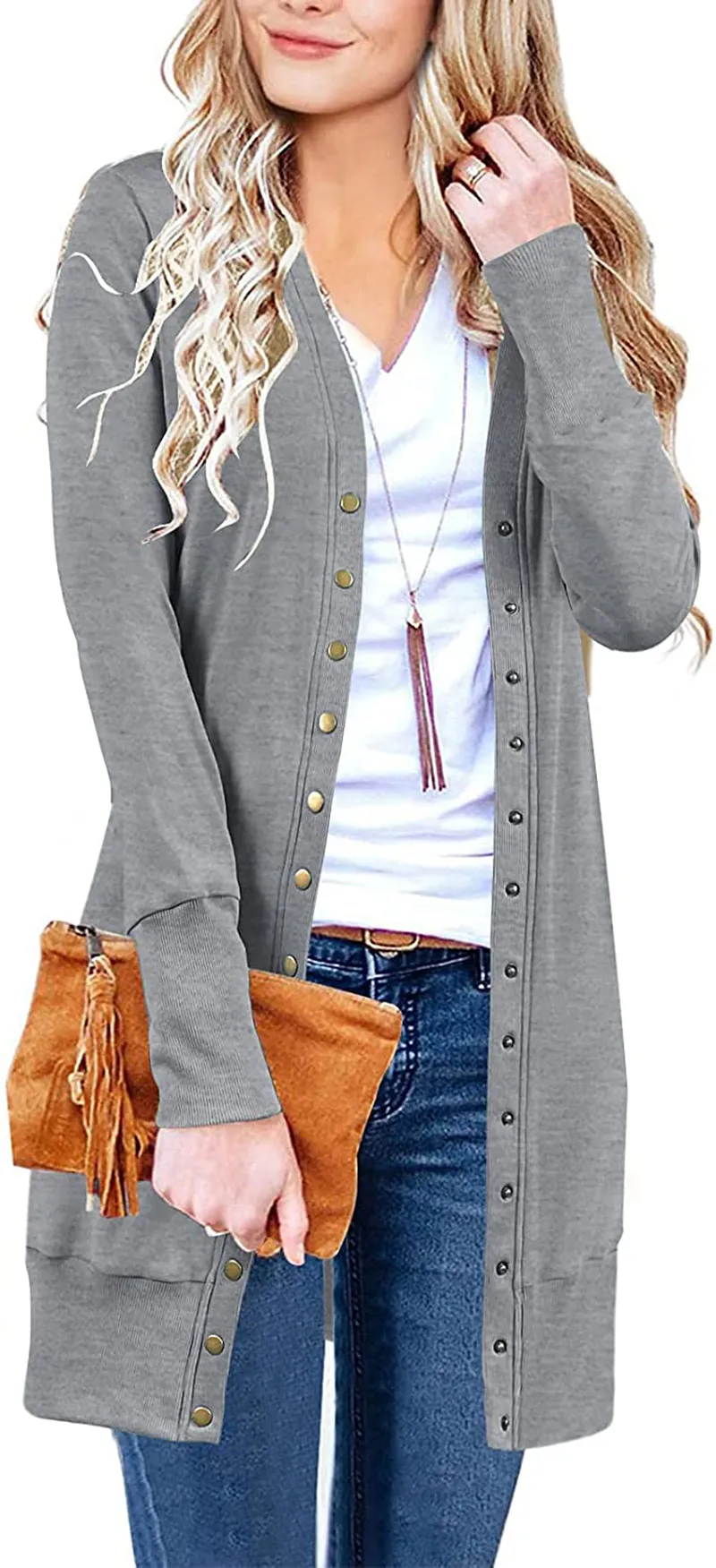 MEROKEETY Women's Long Sleeve Snap Button Down Solid Color Knit Ribbed Neckline Cardigans