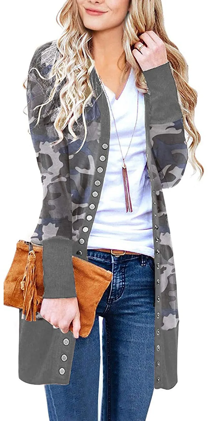 MEROKEETY Women's Long Sleeve Snap Button Down Solid Color Knit Ribbed Neckline Cardigans