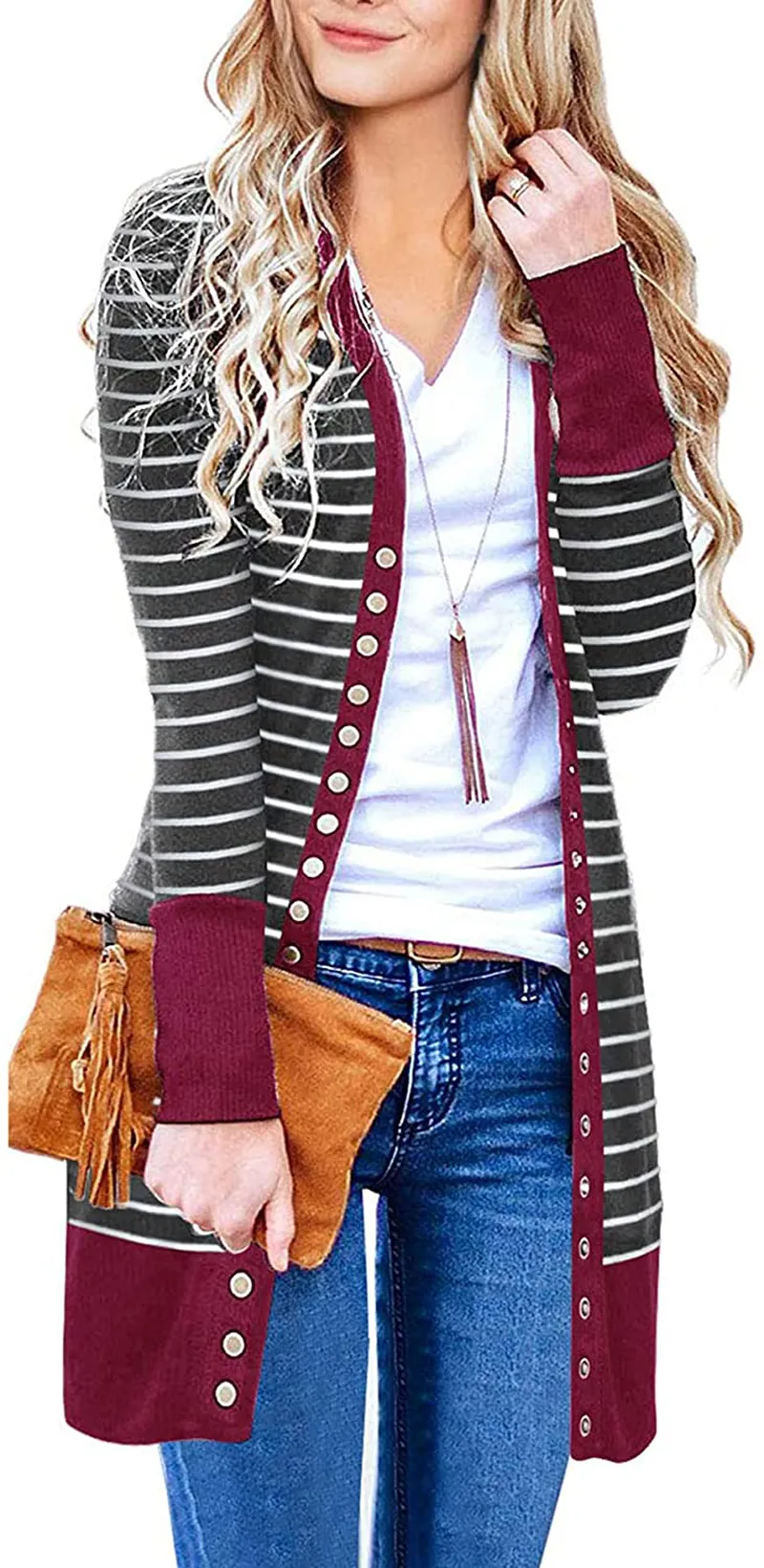 MEROKEETY Women's Long Sleeve Snap Button Down Solid Color Knit Ribbed Neckline Cardigans