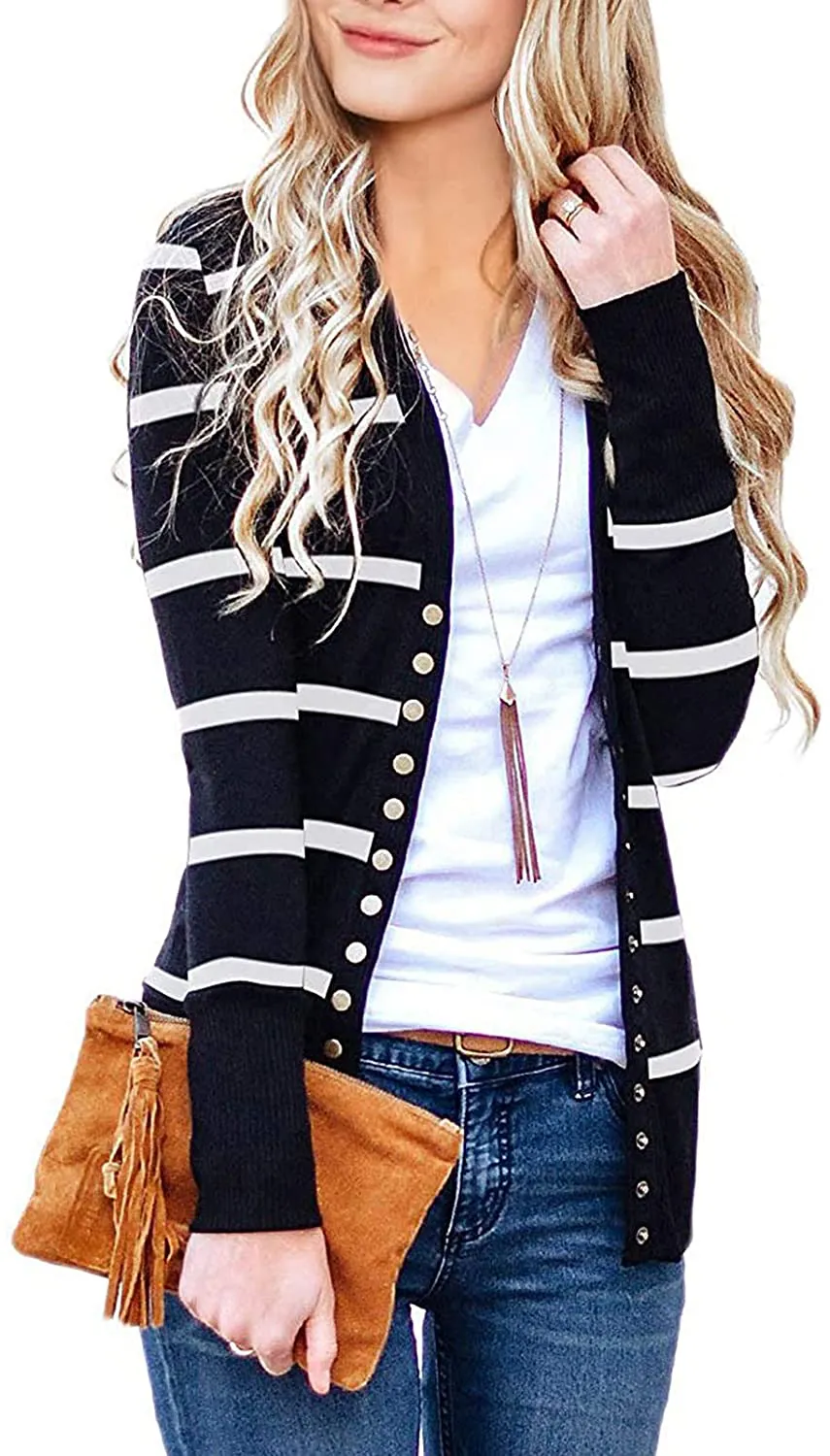 MEROKEETY Women's Long Sleeve Snap Button Down Solid Color Knit Ribbed Neckline Cardigans
