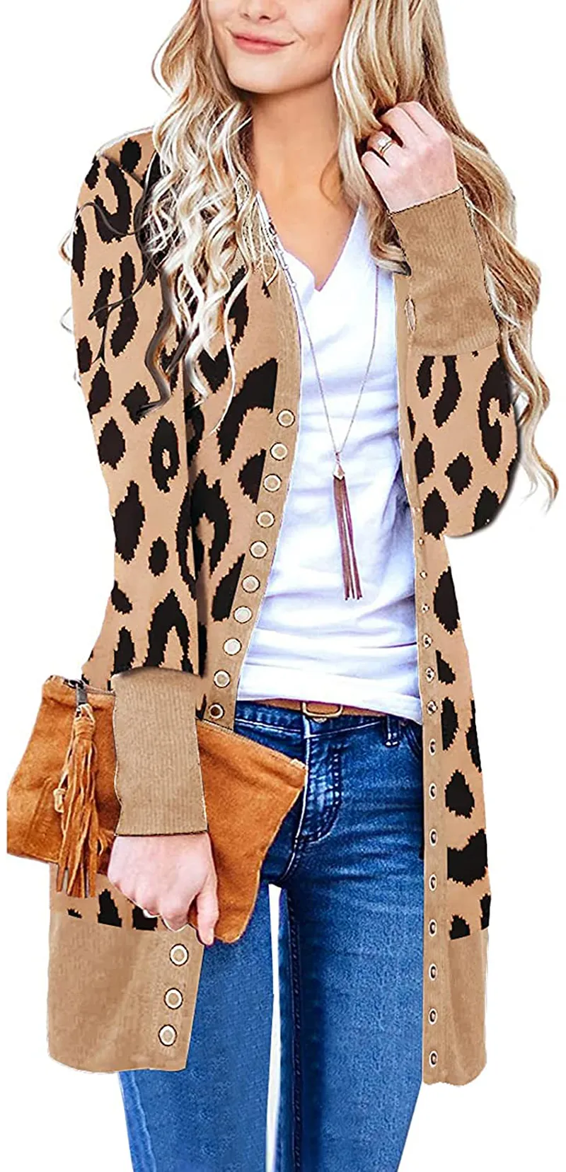 MEROKEETY Women's Long Sleeve Snap Button Down Solid Color Knit Ribbed Neckline Cardigans