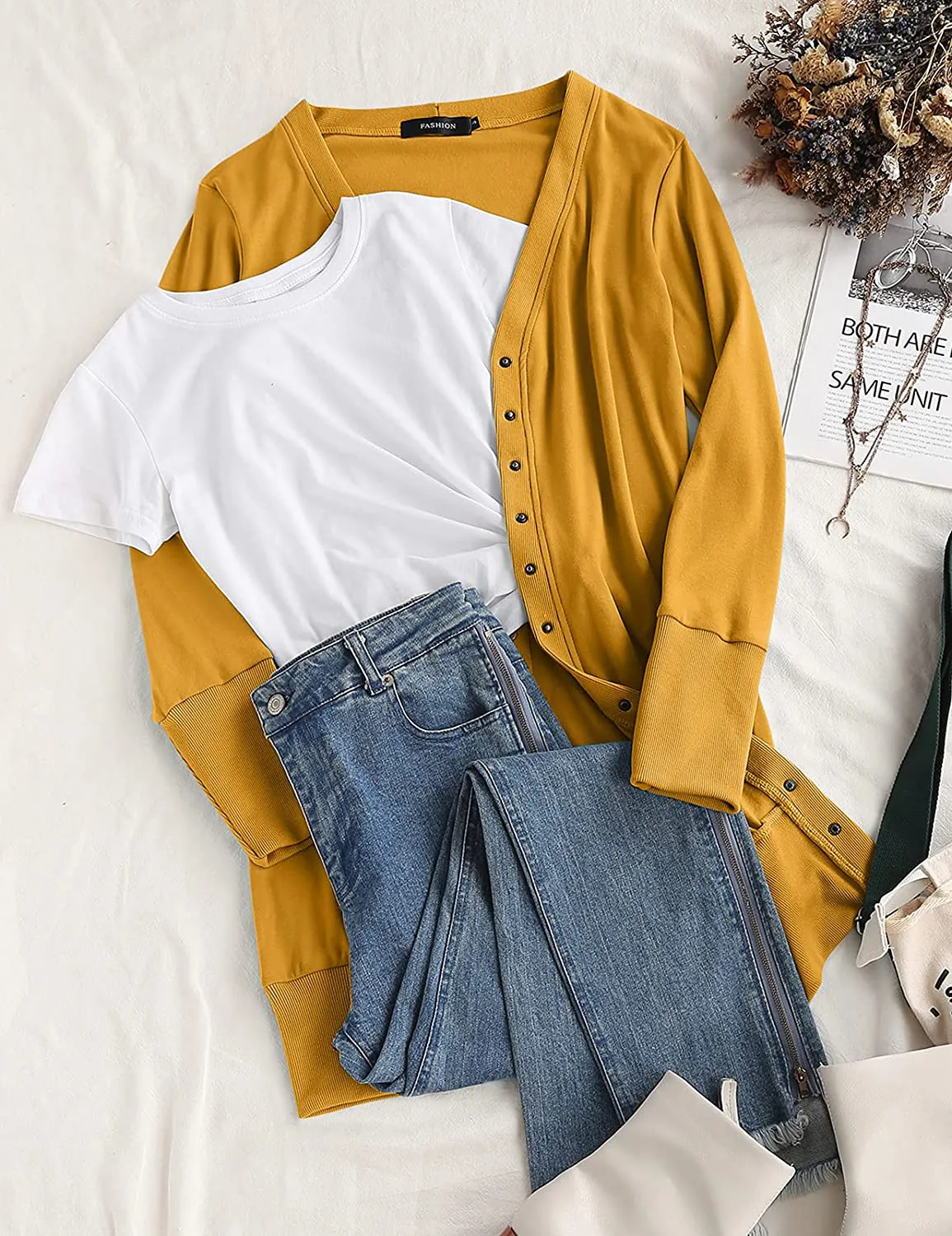 MEROKEETY Women's Long Sleeve Snap Button Down Solid Color Knit Ribbed Neckline Cardigans