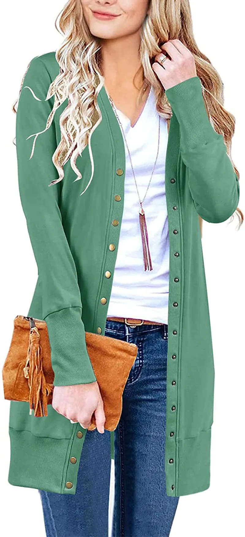 MEROKEETY Women's Long Sleeve Snap Button Down Solid Color Knit Ribbed Neckline Cardigans