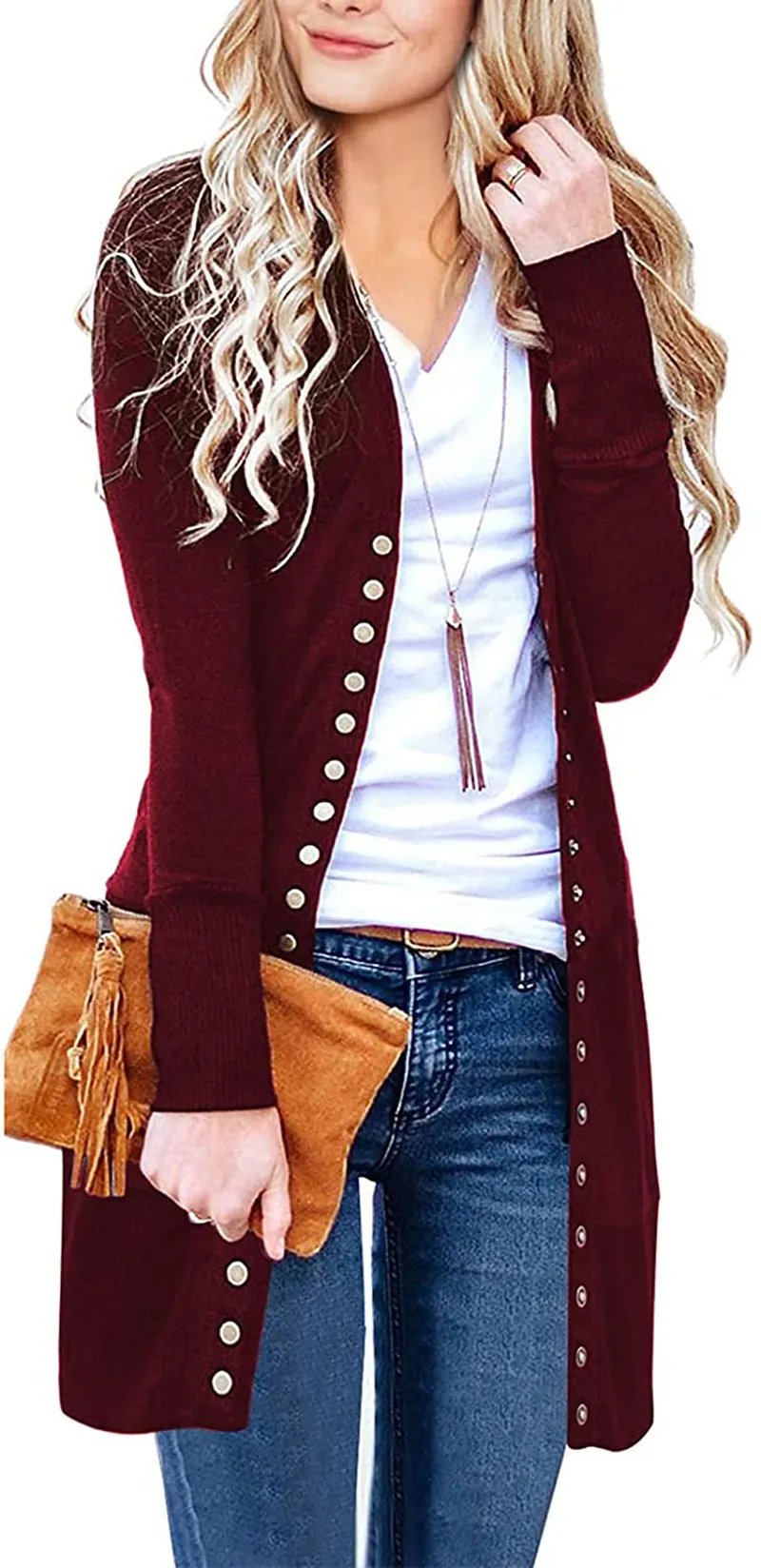 MEROKEETY Women's Long Sleeve Snap Button Down Solid Color Knit Ribbed Neckline Cardigans