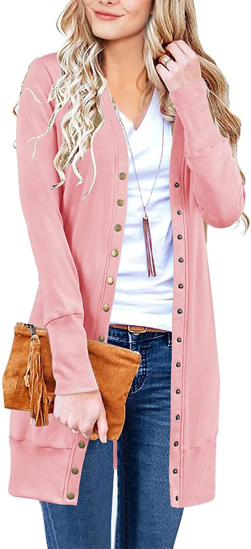 MEROKEETY Women's Long Sleeve Snap Button Down Solid Color Knit Ribbed Neckline Cardigans