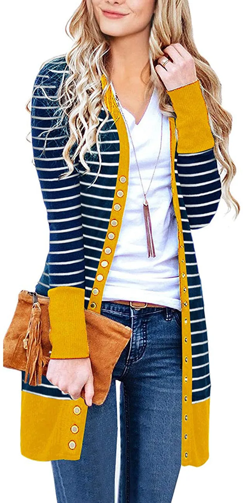 MEROKEETY Women's Long Sleeve Snap Button Down Solid Color Knit Ribbed Neckline Cardigans