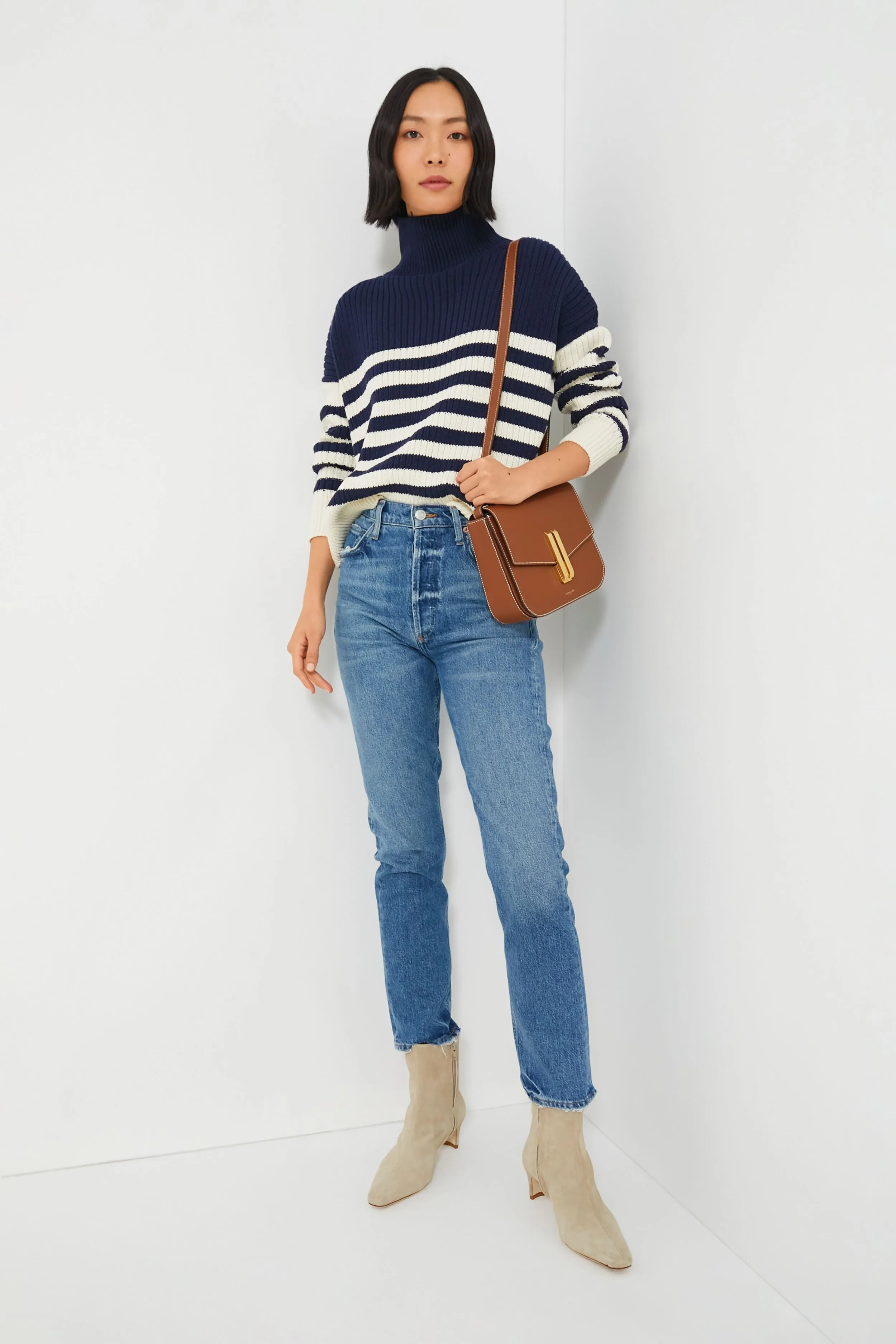Navy Colorblock Stripe Organic Carolyn Funnel Neck Sweater