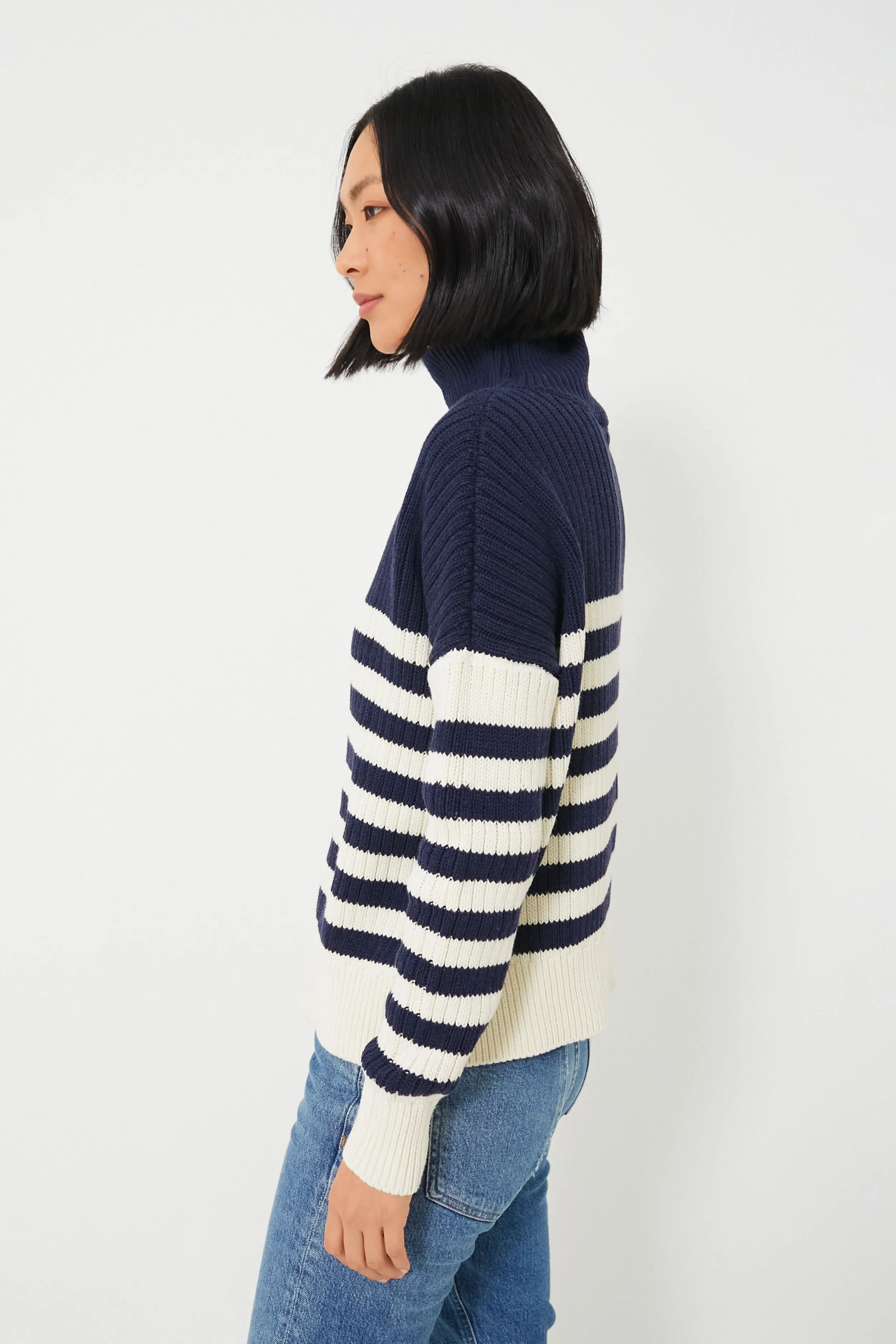 Navy Colorblock Stripe Organic Carolyn Funnel Neck Sweater