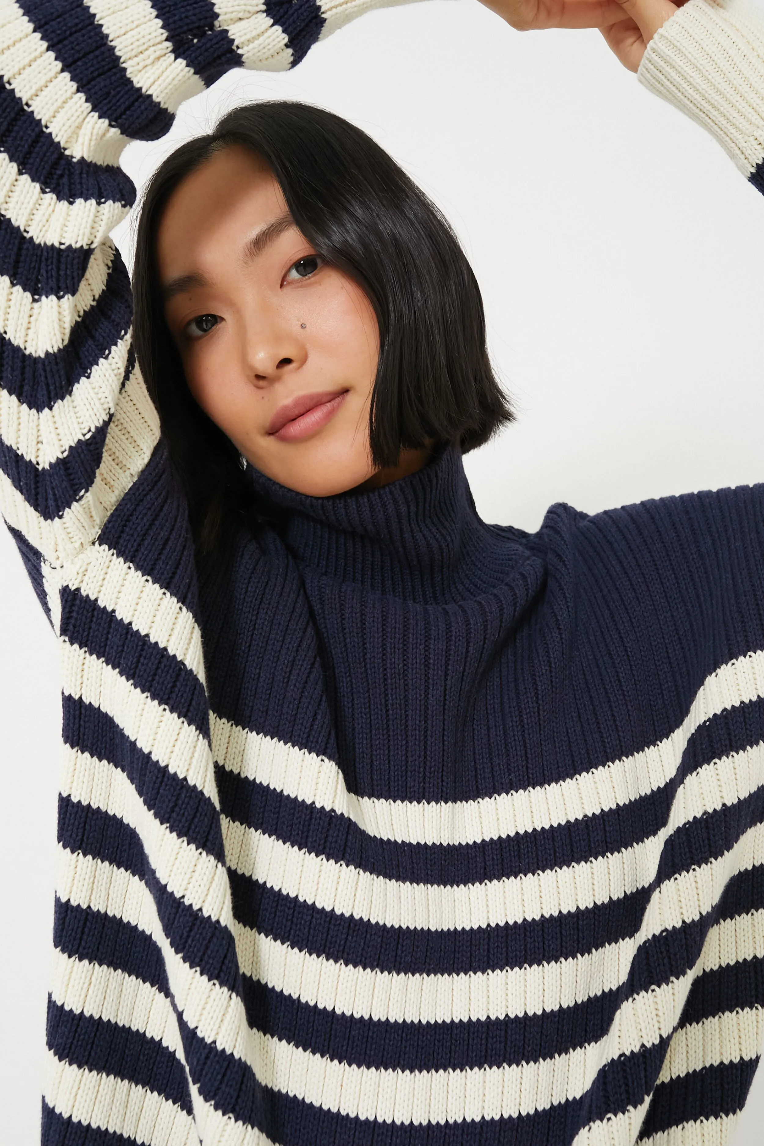 Navy Colorblock Stripe Organic Carolyn Funnel Neck Sweater